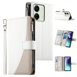 For Redmi 13C 4G / 5G / 13R / Xiaomi Poco C65 Stitching Multi-card Zipper Wallet Leather Phone Case with Short Strap(White)