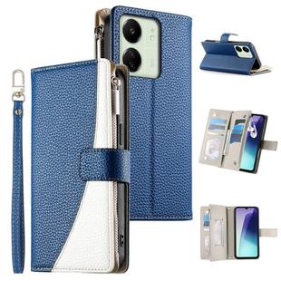For Redmi 13C 4G / 5G / 13R / Xiaomi Poco C65 Stitching Multi-card Zipper Wallet Leather Phone Case with Short Strap(Dark Blue)