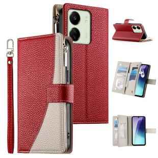For Redmi 13C 4G / 5G / 13R / Xiaomi Poco C65 Stitching Multi-card Zipper Wallet Leather Phone Case with Short Strap(Red)