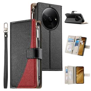 For Redmi A3 / Xiaomi Poco C61 Stitching Multi-card Zipper Wallet Leather Phone Case with Short Strap(Black)