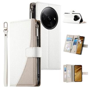 For Redmi A3 / Xiaomi Poco C61 Stitching Multi-card Zipper Wallet Leather Phone Case with Short Strap(White)