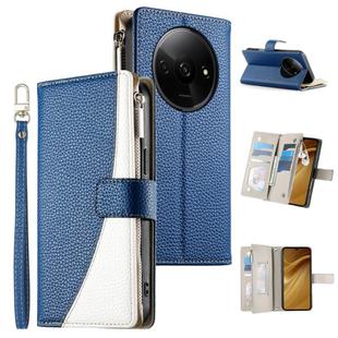 For Redmi A3 / Xiaomi Poco C61 Stitching Multi-card Zipper Wallet Leather Phone Case with Short Strap(Dark Blue)