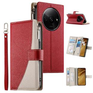 For Redmi A3 / Xiaomi Poco C61 Stitching Multi-card Zipper Wallet Leather Phone Case with Short Strap(Red)