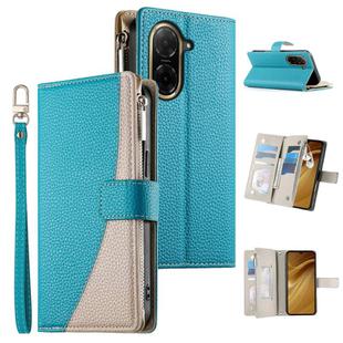 For Redmi A5 4G 171.7mm / Xiaomi Poco C71 Stitching Multi-card Zipper Wallet Leather Phone Case with Short Strap(Blue)