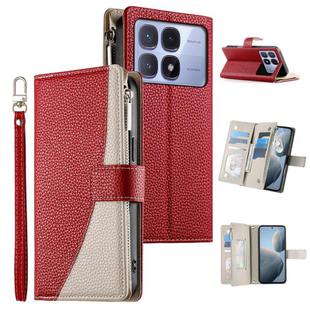 For Redmi K70 Ultra Stitching Multi-card Zipper Wallet Leather Phone Case with Short Strap(Red)