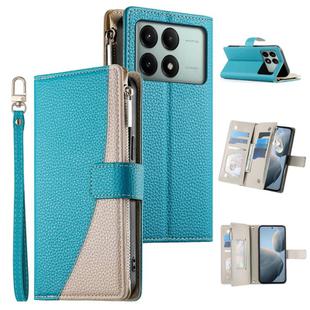 For Redmi K70E / Xiaomi Poco X6 Pro Stitching Multi-card Zipper Wallet Leather Phone Case with Short Strap(Blue)