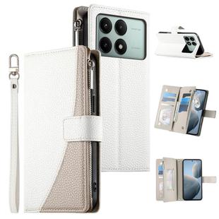 For Redmi K70E / Xiaomi Poco X6 Pro Stitching Multi-card Zipper Wallet Leather Phone Case with Short Strap(White)