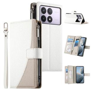 For Redmi K70 / K70 Pro / Poco F6 Pro Stitching Multi-card Zipper Wallet Leather Phone Case with Short Strap(White)