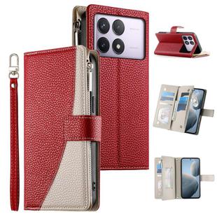 For Redmi K70 / K70 Pro / Poco F6 Pro Stitching Multi-card Zipper Wallet Leather Phone Case with Short Strap(Red)