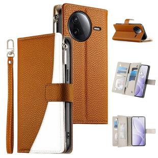 For Redmi K80 / K80 Pro / Poco F7 Pro Stitching Multi-card Zipper Wallet Leather Phone Case with Short Strap(Brown)