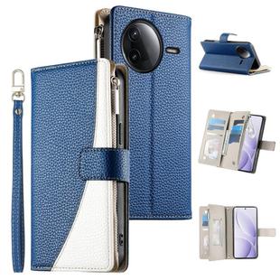 For Redmi K80 / K80 Pro / Poco F7 Pro Stitching Multi-card Zipper Wallet Leather Phone Case with Short Strap(Dark Blue)