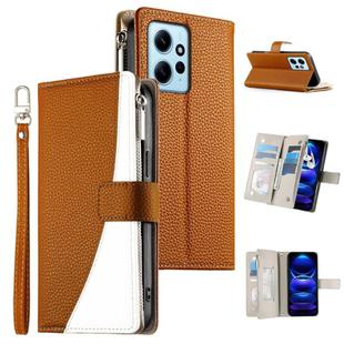 For Redmi Note 12 4G Global / Note 12R Pro Stitching Multi-card Zipper Wallet Leather Phone Case with Short Strap(Brown)