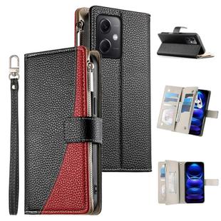 For Redmi Note 12 5G Global / Xiaomi Poco X5 Stitching Multi-card Zipper Wallet Leather Phone Case with Short Strap(Black)