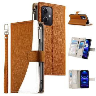 For Redmi Note 12 5G Global / Xiaomi Poco X5 Stitching Multi-card Zipper Wallet Leather Phone Case with Short Strap(Brown)