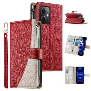 For Redmi Note 12 5G Global / Xiaomi Poco X5 Stitching Multi-card Zipper Wallet Leather Phone Case with Short Strap(Red)