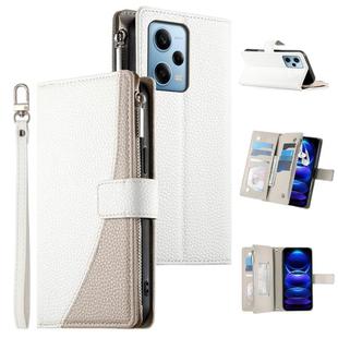 For Redmi Note 12 Pro 5G Global Stitching Multi-card Zipper Wallet Leather Phone Case with Short Strap(White)