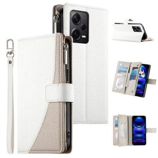 For Redmi Note12 Pro+ Global / Note12 Explorer Stitching Multi-card Zipper Wallet Leather Phone Case with Short Strap(White)