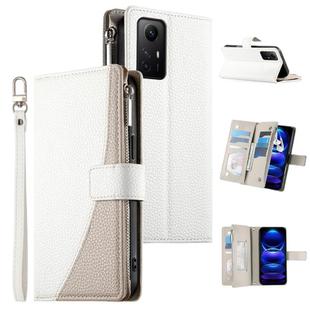 For Redmi Note 12S 4G / Note 11 4G Global Stitching Multi-card Zipper Wallet Leather Phone Case with Short Strap(White)
