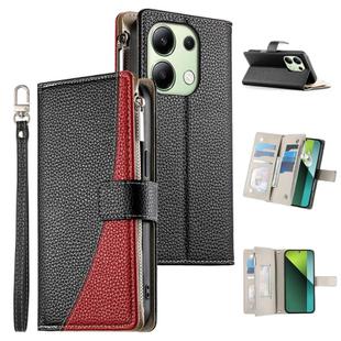 For Redmi Note 13 4G Global Stitching Multi-card Zipper Wallet Leather Phone Case with Short Strap(Black)