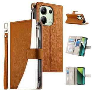For Redmi Note 13 4G Global Stitching Multi-card Zipper Wallet Leather Phone Case with Short Strap(Brown)