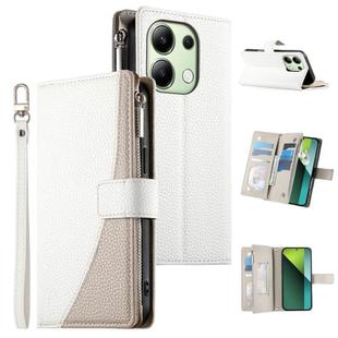For Redmi Note 13 4G Global Stitching Multi-card Zipper Wallet Leather Phone Case with Short Strap(White)
