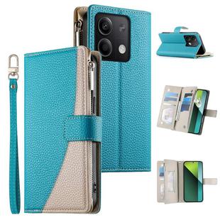 For Redmi Note 13 5G Global Stitching Multi-card Zipper Wallet Leather Phone Case with Short Strap(Blue)