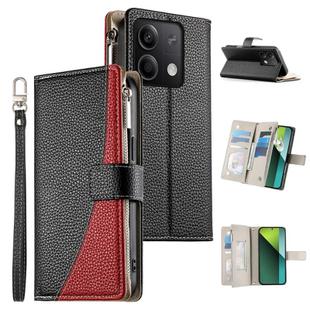For Redmi Note 13 5G Global Stitching Multi-card Zipper Wallet Leather Phone Case with Short Strap(Black)