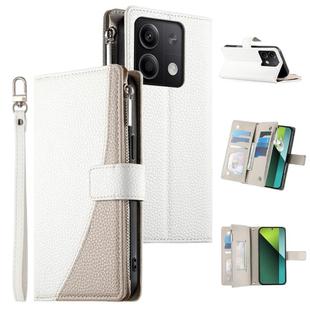 For Redmi Note 13 5G Global Stitching Multi-card Zipper Wallet Leather Phone Case with Short Strap(White)