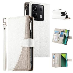 For Redmi Note 13 Pro / Xiaomi Poco X6 Stitching Multi-card Zipper Wallet Leather Phone Case with Short Strap(White)