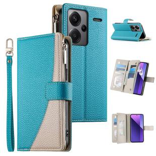 For Redmi Note 13 Pro+ Global Stitching Multi-card Zipper Wallet Leather Phone Case with Short Strap(Blue)
