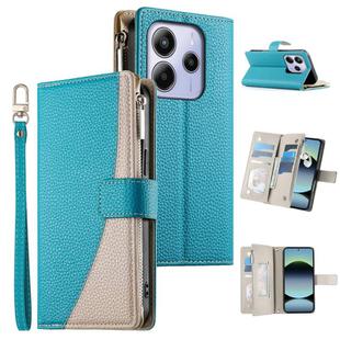 For Redmi Note 14 4G 163.25mm Stitching Multi-card Zipper Wallet Leather Phone Case with Short Strap(Blue)