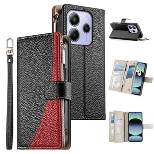 For Redmi Note 14 4G 163.25mm Stitching Multi-card Zipper Wallet Leather Phone Case with Short Strap(Black)