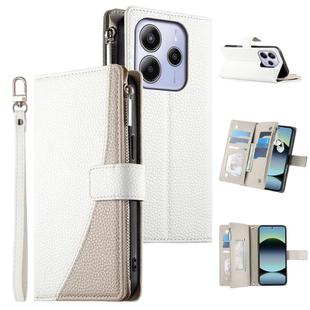 For Redmi Note 14 4G 163.25mm Stitching Multi-card Zipper Wallet Leather Phone Case with Short Strap(White)