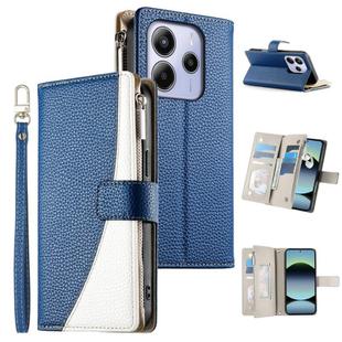 For Redmi Note 14 4G 163.25mm Stitching Multi-card Zipper Wallet Leather Phone Case with Short Strap(Dark Blue)