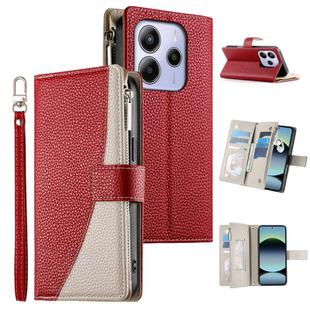 For Redmi Note 14 4G 163.25mm Stitching Multi-card Zipper Wallet Leather Phone Case with Short Strap(Red)