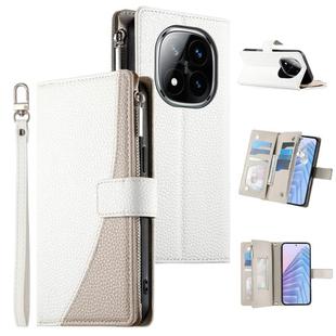 For Redmi Note 14 Pro 4G Stitching Multi-card Zipper Wallet Leather Phone Case with Short Strap(White)
