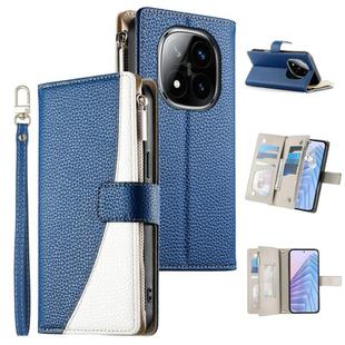 For Redmi Note 14 Pro 4G Stitching Multi-card Zipper Wallet Leather Phone Case with Short Strap(Dark Blue)