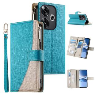 For Redmi Turbo 3 / Xiaomi Poco F6 Stitching Multi-card Zipper Wallet Leather Phone Case with Short Strap(Blue)