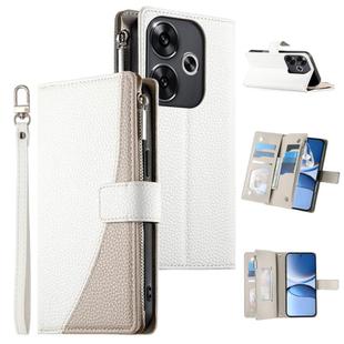 For Redmi Turbo 3 / Xiaomi Poco F6 Stitching Multi-card Zipper Wallet Leather Phone Case with Short Strap(White)