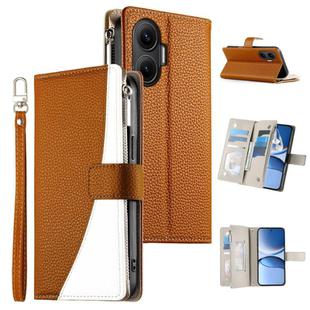 For Redmi Turbo 4 Pro / Xiaomi Poco F7 Stitching Multi-card Zipper Wallet Leather Phone Case with Short Strap(Brown)