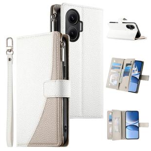 For Redmi Turbo 4 Pro / Xiaomi Poco F7 Stitching Multi-card Zipper Wallet Leather Phone Case with Short Strap(White)