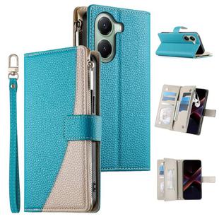For Redmi Turbo 4 / Xiaomi Poco X7 Pro Stitching Multi-card Zipper Wallet Leather Phone Case with Short Strap(Blue)
