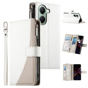 For Redmi Turbo 4 / Xiaomi Poco X7 Pro Stitching Multi-card Zipper Wallet Leather Phone Case with Short Strap(White)