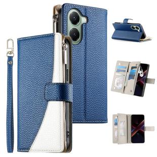 For Redmi Turbo 4 / Xiaomi Poco X7 Pro Stitching Multi-card Zipper Wallet Leather Phone Case with Short Strap(Dark Blue)