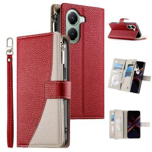 For Redmi Turbo 4 / Xiaomi Poco X7 Pro Stitching Multi-card Zipper Wallet Leather Phone Case with Short Strap(Red)