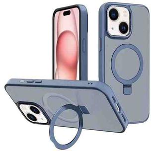 For iPhone 15 Plus Kalebol Metal Lens Frame MagSafe Holder Frosted PC Phone Case(Sierra Blue)