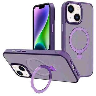 For iPhone 14 Kalebol Metal Lens Frame MagSafe Holder Frosted PC Phone Case(Dark Purple)