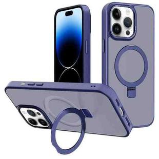 For iPhone 14 Pro Max Kalebol Metal Lens Frame MagSafe Holder Frosted PC Phone Case(Navy Blue)