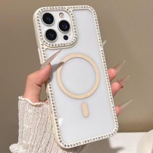 For iPhone 16 Pro Max Large Lens Hole Rhinestone Frame MagSafe Phone Case(Beige)