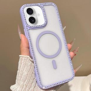 For iPhone 16 Large Lens Hole Rhinestone Frame MagSafe Phone Case(Purple)